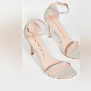 Stuart Weitzman Platinum Glitter Amelina 95 Sandal Heel